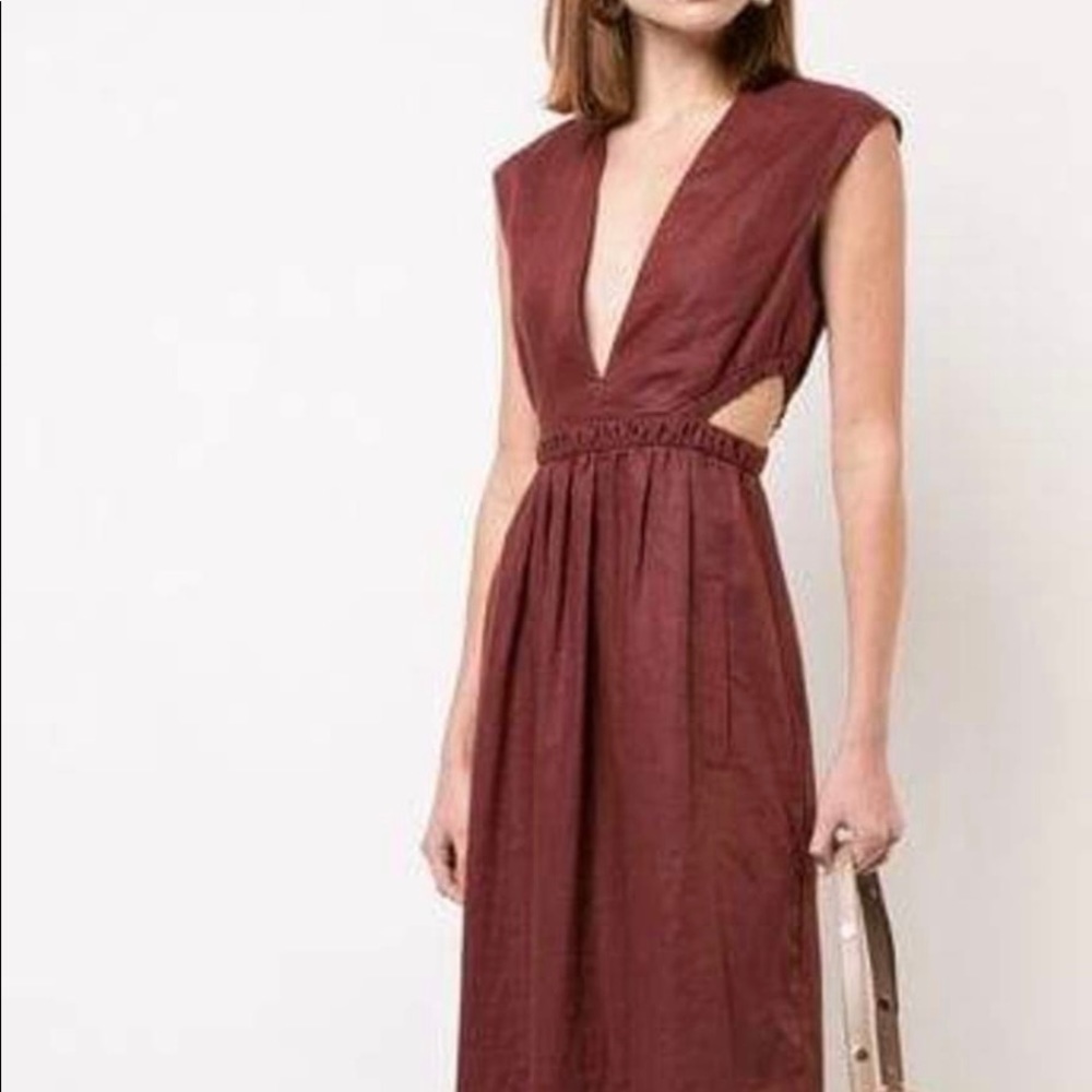 Tibi Maroon Linen cutout Maxi Dress